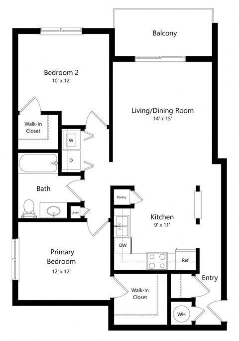 Floor plan for 2 beds, 1 bath, 927 sqft